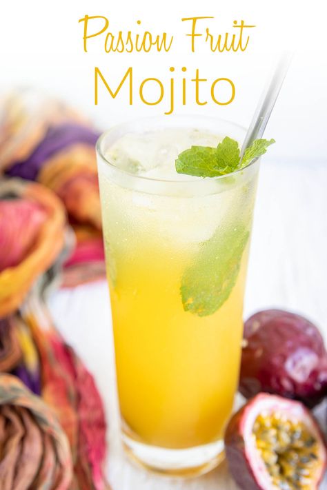 This Passion Fruit Mojito is sweet and fruity. Made with seedless pureed passion fruit, it comes together in minutes. Fruit Mojito Recipe, Vegan Holiday Drinks, Passionfruit Mojito, Fruit Mojito, Ginger Mojito, Passion Fruit Mojito, Mojito Ingredients, Passionfruit Recipes, Passion Fruit Juice