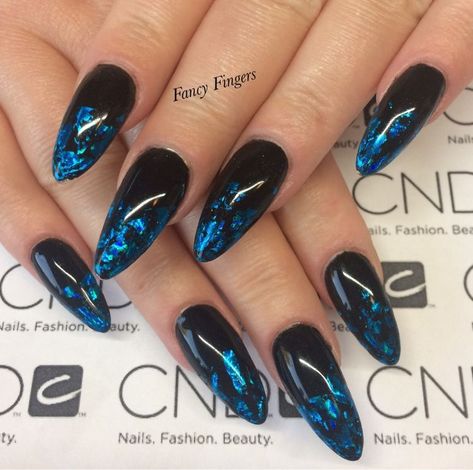 Avatar Nails Art, Blue Goth Nails, Blue Foil Nails, Foil Nail Art, Witchy Nails, Gothic Nails, Goth Nails, Black Nail Designs, Cnd Shellac