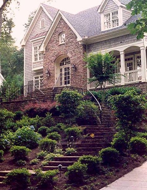 pinterest landscaping in front of home | Steep front yard landscaping and walkway Steep Front Yard, Front Yard Walkway, Yard Walkway, Mediterranean Garden Design, Wooden Arbor, Types Of Stairs, Small Front Yard, Landscaping Front Yard, Professional Landscaping