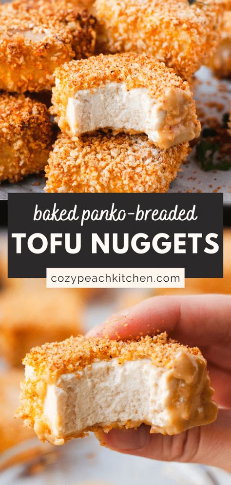 These crispy baked tofu nuggets are made with panko breadcrumbs and are oil-free. They're easy to make and perfect as an appetizer or healthy party recipe. #tofurecipes #panko Panko Tofu, Crispy Baked Tofu, Breaded Tofu, Tofu Nuggets, Peach Kitchen, Healthy Party Food, Quick Easy Vegan, Vegan Ramen, Baked Tofu