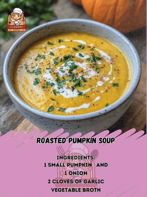 🎃 Get cozy with a bowl of warm and creamy Roasted Pumpkin Soup! 🍂🥣 Roasted Pumpkin Soup Ingredients: - 1 small pumpkin (2-3 lbs), peeled and cubed - 1 onion, chopped - 2 cloves of garlic, minced - 4 cups vegetable broth - 1 tsp ground cinnamon - 1/2 tsp nutmeg - Salt and pepper to taste - 1/2 cup heavy cream - Fresh parsley for garnish Instructions: 1. Preheat oven to 400°F. 2. Toss pumpkin cubes with olive oil, salt, and pepper. Roast for 30-40 minutes. 3. In a pot, sauté onion and garlic... Pumpkin Soup Recipe With Fresh Pumpkin, Pumpkin Soup From Fresh Pumpkin, Roasted Red Pepper Pumpkin Soup, Creamy Roasted Pumpkin Soup, Pumpkin Soup With Real Pumpkin, Roast Pumpkin Soup, Small Pumpkins, Saute Onions, Pumpkin Soup