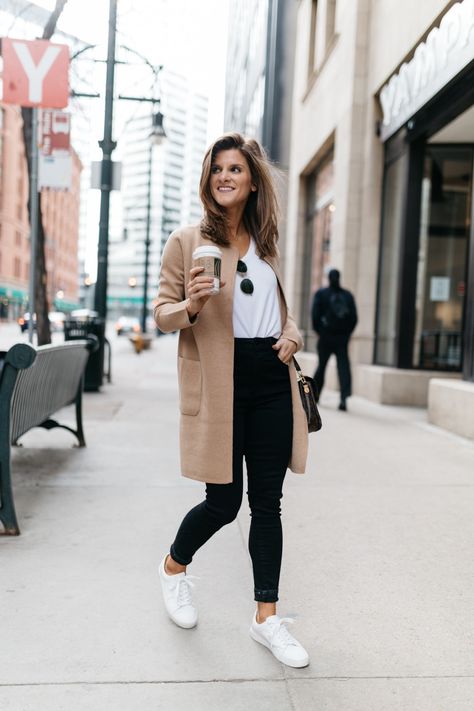 My Most Worn Coatigan | Brighton the Day Cozy Thanksgiving Outfit, Blazer Sneakers, White Tees Outfit, Cozy Thanksgiving, Printed Chiffon Tops, Collarless Blazer, Green Turtleneck Sweater, Thanksgiving Outfit Ideas, White Jeans Outfit