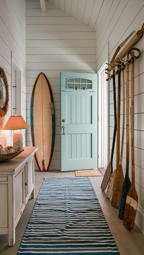 Modern Coastal Cottage, Small Beach Cottages, Seaside Cottage Decor, Vegas Ideas, Coastal Color Scheme, Cottage Entryway, Beach House Lighting, Coastal Entryway, Peaceful Beach