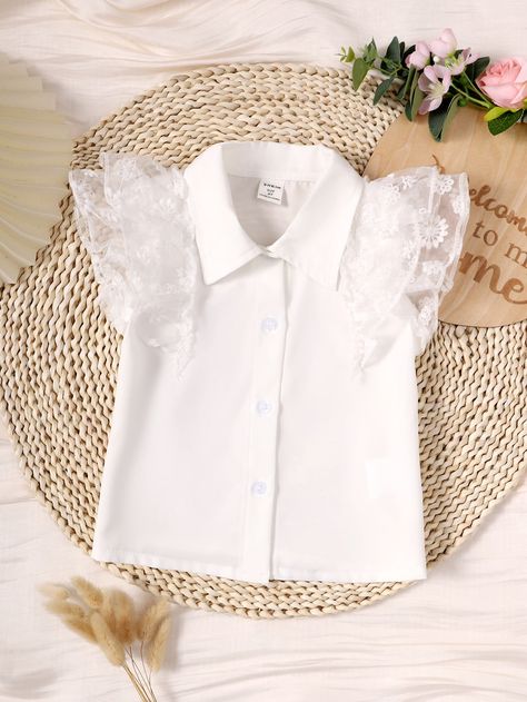 White Cute Collar Cap Sleeve Woven Fabric Plain Shirt Embellished Non-Stretch  Toddler Girls Clothing Cute White Shirts, White Silk Top, School Dresses, Plain Shirt, Girls Blouse, Plain Shirts, Dresses Kids Girl, Elegant Shirt