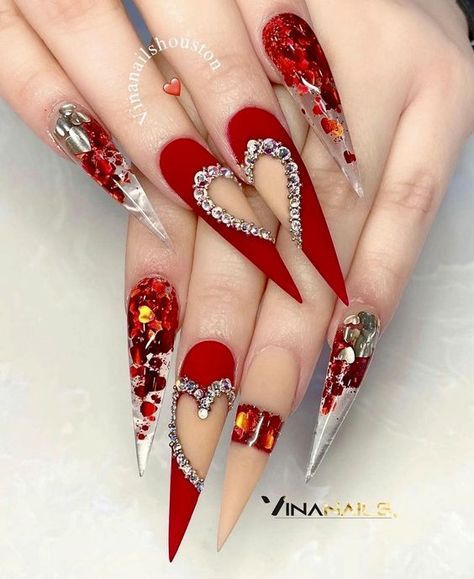 Vday Nails, Valentine Nail Art, Romantic Nails, February Nails, Nail Designs Valentines, Nails Design With Rhinestones, Stiletto Nails Designs, Red Nail Designs, Bling Nails