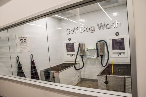 Dog Grooming Salon Entrance, Grooming Salon Lobby, Self Dog Wash, Self Service Dog Wash Grooming Salon, Dog Grooming Salon Retail, Dog Self Wash Business, Dog Grooming Salon Ideas, Pet Hotel Design Dog Daycare, Pet Store Ideas