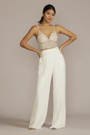 Wedding Two Piece, Wedding Separates, Beaded Crop Top, Wedding Jumpsuit, The Modern Bride, Wedding Look, Tea Length Dresses, Slim Dresses, Lace Bodice