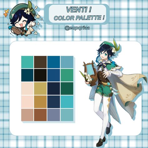 venti themed color palette ! genshin impact themed color palette ! #genshinimpact #genshin #venti #colorpalette Venti Colour Pallette, Venti Color Palette Genshin, Venti Pose Reference, Venti Painting, Venti Color Palette, Xiao Color Palette, Venti Reference, Genshin Color Palette, Color Palette Character