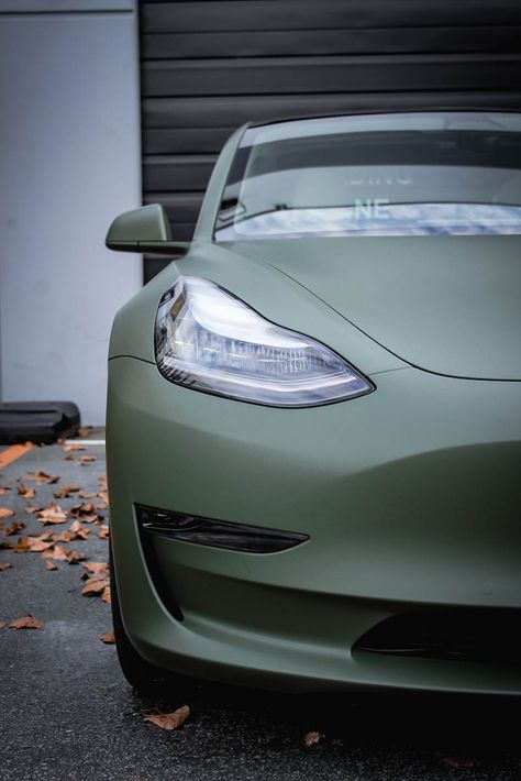 Tesla Matte Military Green | Aegis Paint Shield | Vancouver Vinyl Wraps Matte Wrapped Cars, Tesla Car Wrap Ideas, Matte Green Car, Car Colors Paint Ideas, Matte Car Wrap Colors, Matte Tesla, Tesla Colors, Tesla Wrapped, Wrapped Tesla