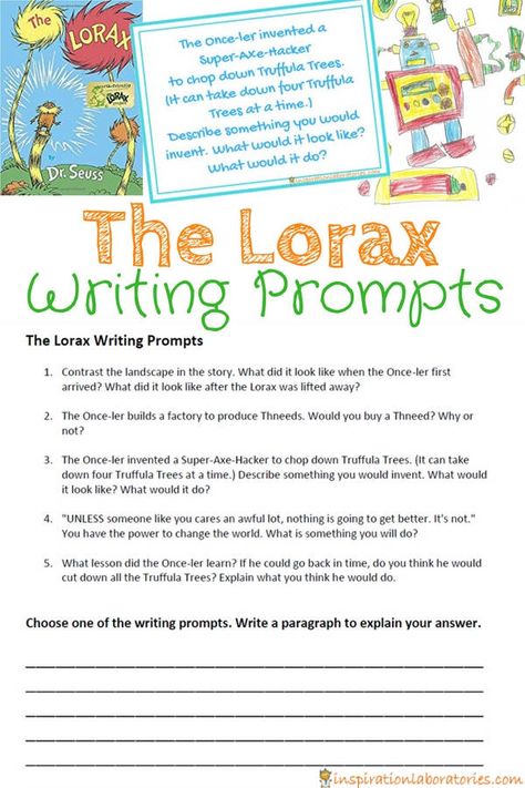 The Lorax Writing Prompts - After reading The Lorax by Dr. Seuss, give your students one of these five writing prompts. Great for starting discussion about conservation, pollution, habitat loss, and Earth Day. Dr Seuss Read Aloud Activities, Dr Seuss 5th Grade Activities, The Lorax Activities 2nd Grade, Writing Prompts Inspiration, Kindergarten Assistant, Lorax Activities, Bugs Craft, The Lorax Activities, Happy Trail