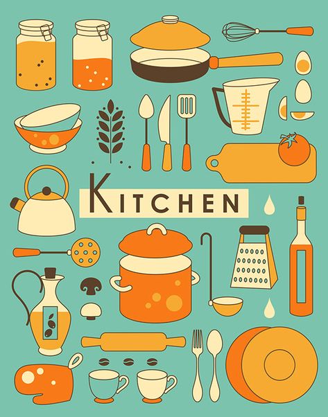 Food and kitchen illustrations on Behance Conversion Chart Kitchen, Old Fashioned Kitchen, Kitchen Conversion, Farmhouse Kitchen Cabinets, Affinity Designer, Kitchen Cabinet Design, Kitchen Sets, Retro Kitchen, Kitchen Art