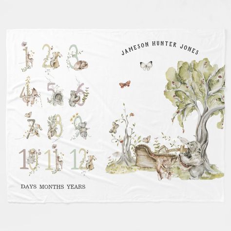 Woodland Forest Animals | Baby Milestone  Fleece Blanket Woodland Forest Animals, Woodland Forest, Animal Baby, Baby Milestone, Woodland Theme, Babies First Year, Forest Design, Baby Milestones, Blanket Gift