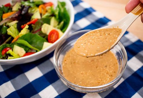 Deep Roasted Sesame Salad Dressing Recipe - Hot Thai Kitchen Japanese Salad Dressing, Sesame Dressing Recipe, Roasted Sesame Dressing, Sesame Salad Dressing, Hot Thai Kitchen, Sesame Salad, Salsa Dressing, Japanese Salad, Hot Pot Recipe