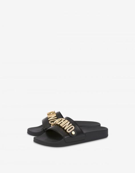 MOSCHINO Lettering Jewel Pool slides. #moschino #shoes Pvc Pool, Moschino Shoes, Classy Shoes, Lettering Logo, Gold Lettering, Slides Sandals, Slides Shoes, Black Metallic, Metallic Logo