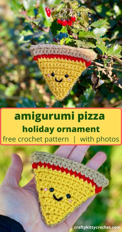 The holidays are around the corner, and nothing quite says “holiday season” like comfort food! If you’re a pizza lover or have one on your Christmas gift list this year, this amigurumi Pizza ornament is a unique and cute way to make the tree a bit more festive! And this pattern is quick and easy, so it will leave plenty of time for you to catch up on shopping, cooking, prepping, etc. for your holiday plans! #crochet #crochetpizza #crochetplayfood #crochetornament #pizzaornament #amigurumipizza Pizza Ornament, Holiday Crochet Patterns, Amigurumi Inspiration, Crochet Holiday, Winter Holiday Crafts, Slice Of Pizza, Dishcloth Knitting Patterns, Pola Amigurumi, Knit Dishcloth