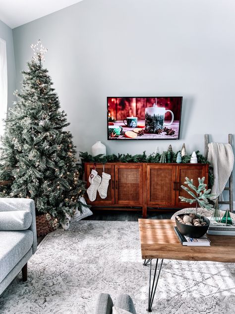 Living room holiday decor Tv Table Christmas Decor, Christmas Decor Tv Console, Tv Console Christmas Decor, Tv Stand Christmas Decor, Christmas Decor Living Room, Target Decor, Glam Christmas Decor, Target Christmas, Glam Christmas