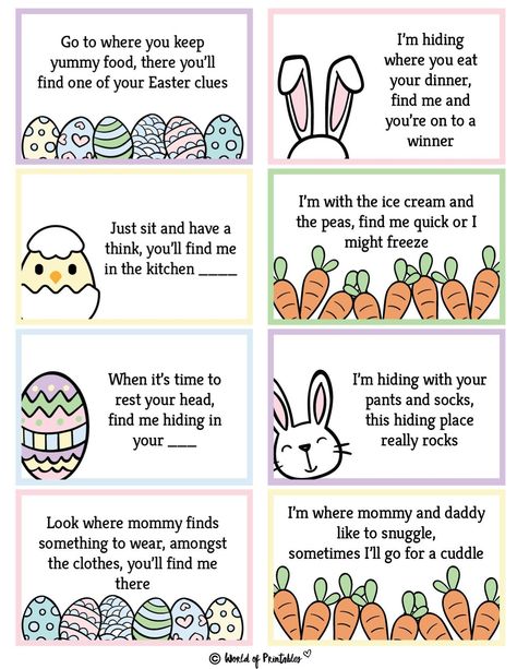 Easter Egg Clues Free Printable, Free Easter Egg Hunt Clues, Easter Hunt For Toddlers, Easter Egg Hunt Riddles For Kids, Easter Hunt Ideas For Toddlers, Easter Clues For Kids, Toddler Easter Scavenger Hunt, Easy Easter Egg Hunt Ideas, Egg Hunt For Toddlers