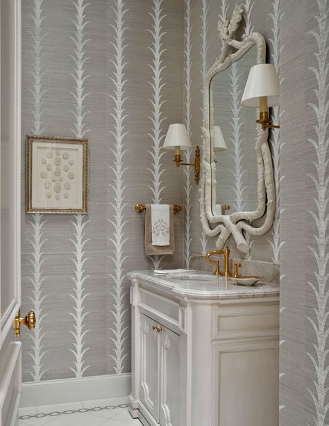 Beautiful Powder Rooms, Wallpaper Powder Room, Dining Area Design, Canopy Bed Frame, White Molding, Wallpaper Bathroom, Powder Room Decor, Upholstery Bed, Powder Room Design