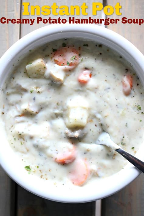 Instant Pot Creamy Potato Hamburger Soup is a creamy, dreamy potato soup with browned ground beef, onions, carrots and cream cheese. It’s made quickly in your electric pressure cooker. Perfect served with a side salad and a bread stick. #instantpot #instapot #instantpotrecipe Potato Hamburger Soup, Bread Stick, Hamburger Soup, Instant Pot Soup, Sloppy Joe, Creamy Potato, Insta Pot, Instapot Recipes, Instant Pot Pressure Cooker