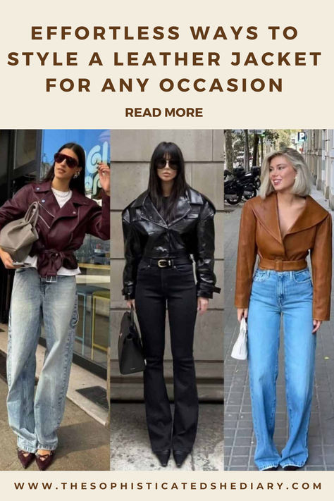 Looking for ways to nail that effortlessly cool vibe? A leather jacket is your ultimate wardrobe hero! Pair it with skinny jeans and a tee for a classic look, throw it over a flowy dress for an edgy-meets-feminine vibe, or layer it with knits for those chillier days.

From casual coffee runs to date night glam, the leather jacket can do it all. 💃 Save these outfit ideas for endless inspiration and make styling your jacket a breeze! Black Leather Jacket Outfits, Feminine Edgy Style, Style A Leather Jacket, Black Leather Jacket Outfit, Effortlessly Chic Outfits, Stylish Jeans, Leather Jacket Outfits, Trendy Street Style, Casual Stylish