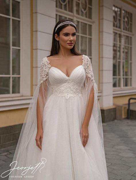 Wedding dress J-979 | Jeorjett Dress Wedding Dresses For Curvy Women, Asymmetrical Wedding Dress, Transparent Sleeves, Empire Waist Wedding Dress, Plain Wedding Dress, Plus Wedding Dresses, Bride Dress Simple, Civil Wedding Dresses, Curly Wedding Hair