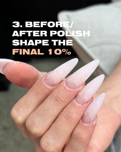 As a beginner, there are a few ways to save time without compromising quality. 1. Shape 70% of the Tip: Shape 70% of the desired final shape before applying the acrylic. This will save time later and give you a clear guide to follow during application. 2. Shape 90% After Acrylic Application: After applying the acrylic, focus on shaping the nails to 90% of their final shape. 3. Final Shaping After Polish: After applying polish, do a final 10% shaping to refine the edges and perfect the over... Acrylic Application, Nail Courses, Nail Technician, Nail Tutorials, Ways To Save, Nail Artist, Nail Tech, Nail Tips, Save Time