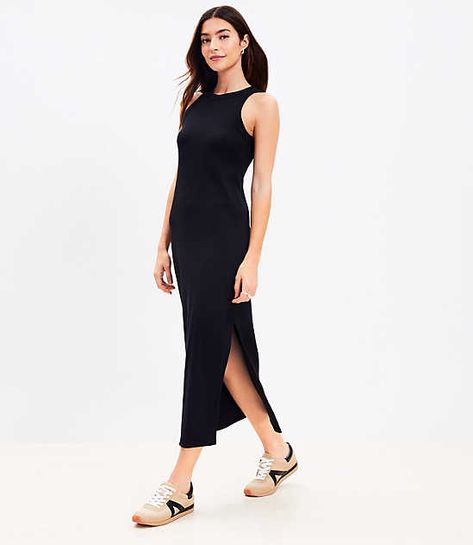 Our best-selling, super-soft rib that’s seriously flattering. Crew neck. Sleeveless. Racerback. Side slit.,Hit:Hit: Midi - Hits at mid-calf,Imported:Imported,Fit:Fit: Shift - fits straight and relaxed,Length:49 3/4" from top back neck to hem, measured from a size 8/M,Fabrication:95% Cotton 5% Spandex,Garment Care:Machine Washable Loft Perfect Ribbed Tank Midi Dress Size XL Black Women's by Loft Size Regular - XL Black Women's Shift, Cotton, Blend, Regular, Crew, Neck, Sleeveless, DRESSES, Everyd