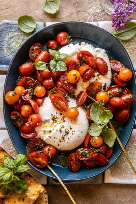 Marinated Cherry Tomatoes With Burrata, Caprese Salad With Burrata, Burrata And Heirloom Tomatoes, Caprese Salad Burrata, Burrata And Tomatoes, Marinated Tomatoes Recipes, Burrata Tomato Salad, Half Baked Harvest Appetizers, Roasted Tomato Burrata