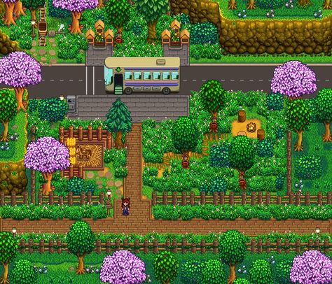 Stardew Bus Stop Decor, Bus Stop Sdv, Stardew Valley Bus Stop Decoration, Bus Stop Stardew Valley, Stardew Bus Stop, Stardew Valley Bus Stop, Stardew Valley Bus Stop Design, Stardew Valley Decoration Ideas, Stardew Layout