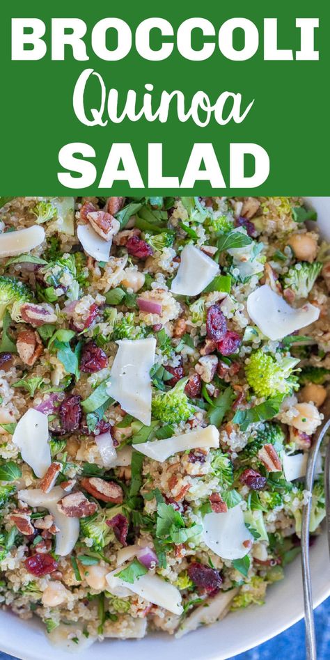 This Quinoa Salad with Broccoli and Chickpeas is packed with healthy ingredients and tossed with a tangy homemade lemon dressing! It's really easy to make and goes great as a healthy potluck dish or a light but filling lunch! #broccolisalad #quinoasalad #vegan #broccoli #potluckrecipe Quinoa Salad With Lettuce, Low Calorie Quinoa Salad, Vegan Quinoa Salad Recipes Cold, Broccoli And Pea Salad, Quinoa And Broccoli Spoon Salad, Healthier Broccoli Salad, Low Cholesterol Quinoa Recipes, Quinoa Broccoli Salad, Salads Without Lettuce Recipes