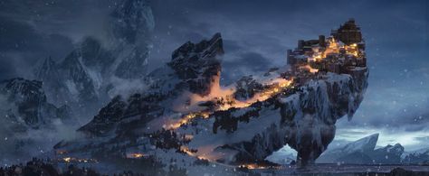 Mountain Cities, Illustration Lighting, Environmental Artwork, Winter City, Rpg Map, Snowy Mountain, My Fantasy World, Art Watch, Fantasy City