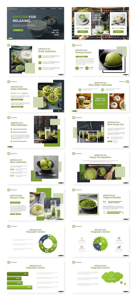 Matcha PowerPoint Template - 30 slides Tea Poster Design Ideas, Matcha Business, Tea Presentation, Matcha Design, Presentation Example, Marketing Kit, Research Poster, Best Green Tea, Marketing Presentation