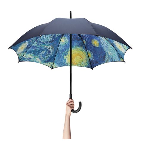 The perfect accessory to pick up your spirits on a gloomy day, this eye-catching umbrella features dazzling imagery from Vincent Van Gogh's masterpiece The Starry Night, 1889, in MoMA's collection. Features a navy-blue polyester exterior and an aluminum shaft with a rubber-coated handle. Large Umbrella, Umbrella Art, The Starry Night, Umbrella Designs, Under My Umbrella, Gloomy Day, Folding Umbrella, Outdoor Accessories, Museum Of Modern Art