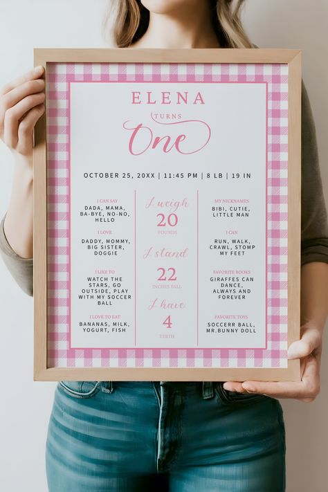 Celebrate your little girl's first trip around the sun with this gorgeous pink and white gingham first birthday milestone sign. The perfect centerpiece for a vintage-inspired celebration, it's the sweet addition everyone will be talking about for years! Pin it now to inspire your baby's first birthday party ideas. 🎂💖 Gingham First Birthday, 1st Birthday Milestone Board, First Birthday Party Ideas, First Birthday Milestone, Birthday Party Girl, Birthday Milestone Board, Milestone Board, First Trip Around The Sun, Year Poster