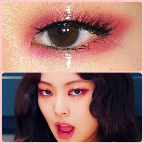 Korean Concert Makeup, Korean Makeup Red Eyeshadow, Black Pink Makeup Kpop, Kpop Concert Eye Makeup, Blackpink Concert Makeup, K Pop Idol Makeup, Kpop Concert Makeup Ideas, Kpop Inspired Makeup, Kpop Concert Makeup