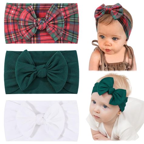 jollybows 3PCS Baby Nylon Headbands Hairbands Hair Bow Elastics for Baby Girls Newborn Infant Toddlers Kids - White Dark Green Christmas Red Plaid Feeling Irritated, Dark Green Christmas, Trendy Bows, Toddler Hair Bows, Plaid Baby, Toddler Headbands, Baby Hair Bows, Holiday Baby