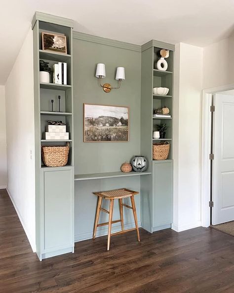 Made these built ins with Billy bookshelves, Billy extenders and Oxberg doors. Color is Evergreen Fog SW Painted Billy Bookshelves, Evergreen Fog Built Ins, Office Built Ins Paint Color, Built In Paint Colors, Coffee Bar Built In, Wall Bookshelf Ideas, Billy Bookshelves, Manor Kitchen, Green Bookshelves