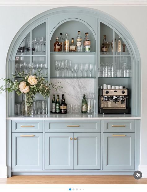 Coffee Bar Sitting Room, Large Dry Bar, Full Wall Display Cabinet, Built In Cabinet Bar Area, Kitchen Built In Bar Ideas, Kitchen Mini Bar Design, Dark Blue Wet Bar, Built In Bar Closet, Built In Bar Buffet