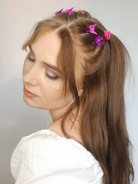 Cute Hairstyles With Butterfly Clips, Hairstyles With Butterfly Clips, Butterfly Clips, Cute Hairstyles, Brown Hair, Long Hair, Hairstyles, Purple, Flowers