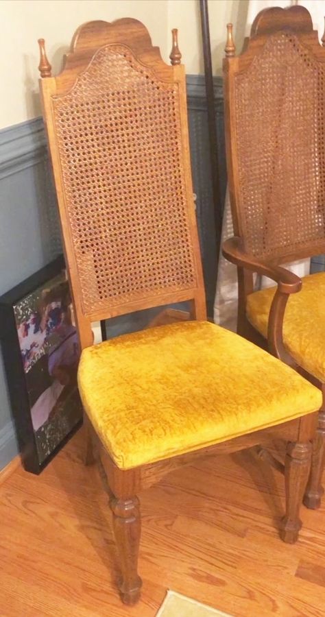 Upcycle Cane Chair, Cane Chair Dining Room, Paint Cane Furniture, Cane Back Chair Makeover, Cane Chairs Painted, Cane Chair Redo, Painted Chairs Dining Room, Cane Chair Makeover, Cane Back Dining Chairs