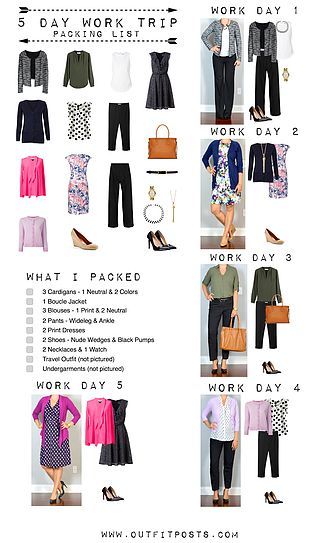 Starter business casual capsule wardrobe checklist | Outfit Posts | Bloglovin' 5 Days Business Trip Outfit, 5 Day Business Trip Packing, 2 Day Business Trip Packing List, Night Out Work Outfit, 4 Day Work Trip Outfits, Daily Work Outfits, 5 Day Work Trip Packing List, 5 Day Work Trip Outfits, 5 Day Trip Outfits