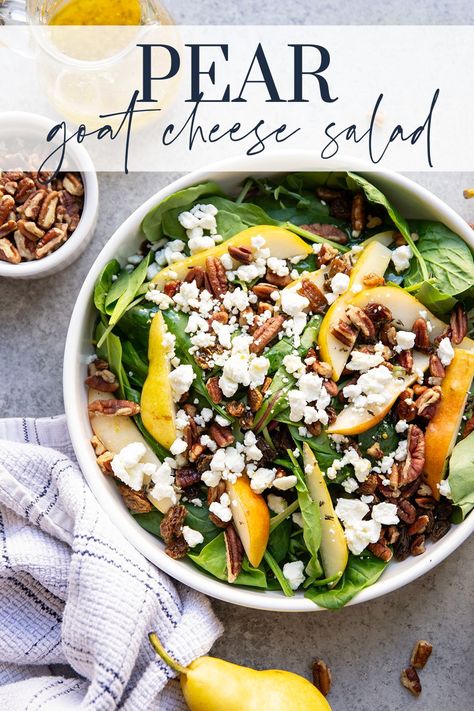 Loaded with sweet pear slices, tangy goat cheese, and lots of toasted pecans, this pear goat cheese salad is the perfect fall salad! Pear Walnut Goat Cheese Salad, Salad With Pears And Goat Cheese, Pear And Goat Cheese Salad, Pear Goat Cheese Salad, Pear Goat Cheese, Salad With Goat Cheese, Cheese Salad Recipes, Pear Salad Recipes, Pecan Salad