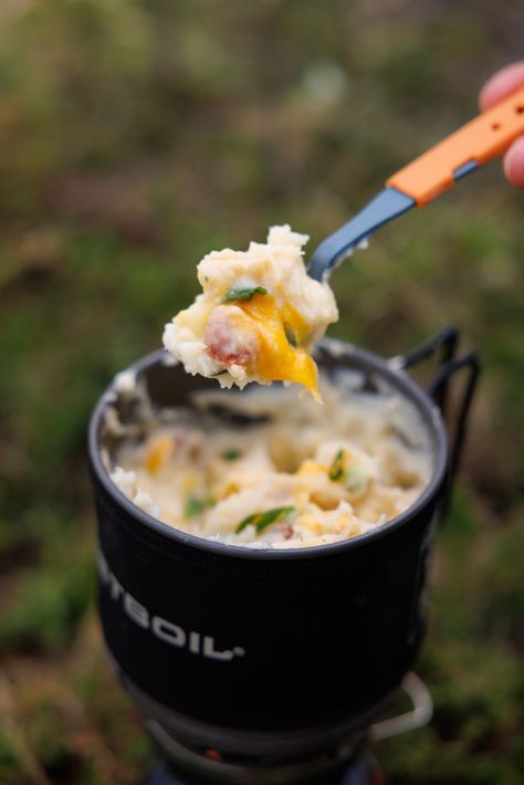 Lazy Backpacking Perogies — CAMP KITCHEN Easy Mac N Cheese, Curry Ramen, Camping Menu, Backpacking Meals, Loaded Mashed Potatoes, Instant Mashed Potatoes, Camp Stove, Hiking Food, Camping Stuff