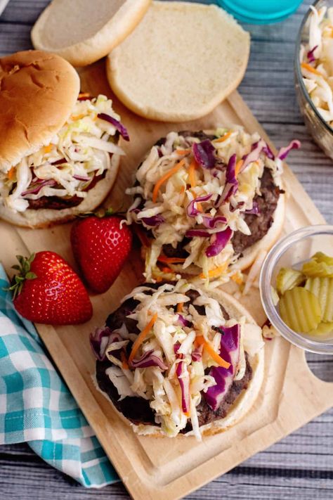 Burger Slaw Hamburger Slaw Recipe, Slaw Burger Recipes, Burger Slaw Recipes, Slaw For Burgers, Slaw Burger, Coleslaw Burger, Mini Burgers Recipe, Hamburger Toppings, Brisket Burger