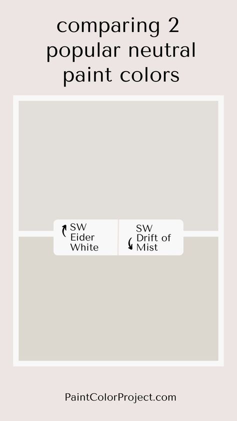 Sherwin Williams Eider White vs Drift of Mist. Drift Of Mist With Pure White Trim, City Loft Vs Drift Of Mist, Cream Grey Paint, Sw Drift Of Mist, Drift Of Mist Sherwin Williams, Sherwin Williams Drift Of Mist, Sherwin Williams Eider White, Eider White Sherwin Williams, Wordly Gray