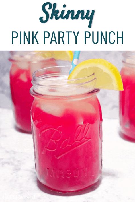 Skinny Pink Party Punch is a fun sweet punch that is only 30 calories per serving! Only 3 ingredients! Great for baby showers, birthday parties, or for a sweet treat at home. #skinnycomfort #punch #pink #babyshower Barbie Punch, Barbie Bunco, Pink Party Snacks, Pink Party Punch, Pink Punch Recipes, Pink Party Punches, Pink Party Foods, Party Punch Recipe, Vodka Punch