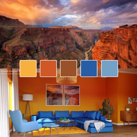 Nature-inspired interior design colour palettes featuring the Grand Canyon. Original images from homeadvisor.com reimagined by Zena O’Connor, Design Research Associates, 2020 @zena_oconnor #interiorcolourdesign #nature Grand Canyon Color Palette, Desert Inspo, Desert Color Palette, Arches Park, Color Palette Interior Design, Usa Trip, Colorful Interior Design, Contemporary Color Palette, Desert Colors