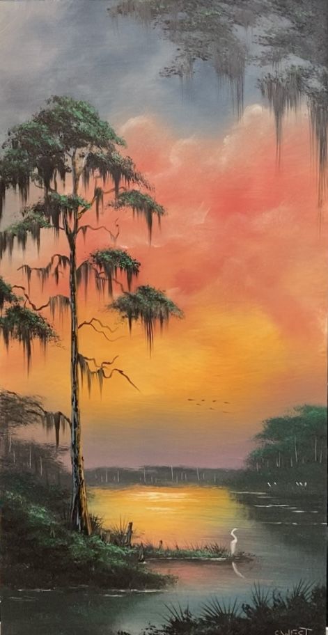 Bayou Paintings Louisiana, Highway Men Paintings, Louisiana Swamp Paintings, Louisiana Aesthetic Wallpaper, Florida Acrylic Painting, Swamp Acrylic Painting, Watercolor Swamp Paintings, Louisiana Paintings Ideas, Swamp Artwork