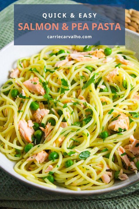 Quick & Tasty with fresh lemon and garlic #pasta #salmon #peas #spaghetti #20minutepasta Pasta Salmon, Pea Pasta, Spaghetti Aglio E Olio, Pasta With Peas, Garlic Spaghetti, Flaked Salmon, Spaghetti Aglio, Aglio E Olio, Spring Peas