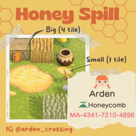 Custom code for animal crossing. Big and little honey puddles Animal Crossing Puddle Code, Puddle Code Acnh, Acnh Honey Design Codes, Acnh Puddle Code, Puddle Acnh, Acnh Honey, Acnh Grandmacore, Anch Paths, Springcore Acnh